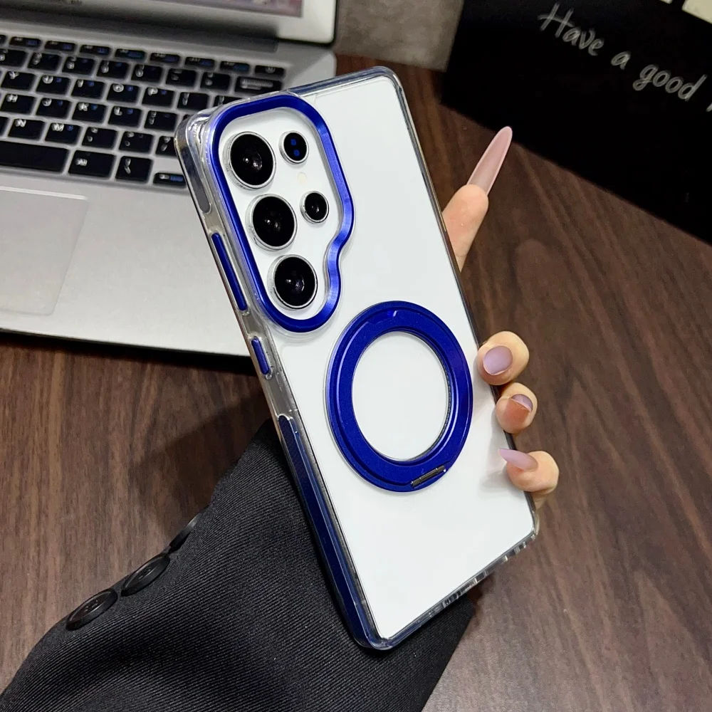 Magnetic 360 Rotating Transparent Shockproof Phone Case with Colorful Bumper Cover