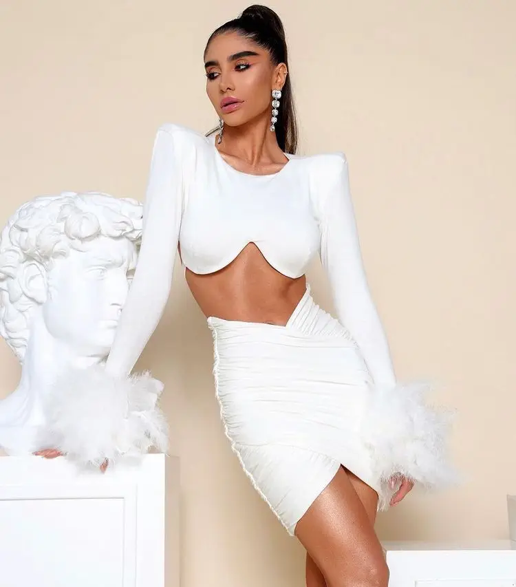 STOCK Fashion Pad Shoulder Feathers Cuff Short Corp Top And Mini Skirt 2 Piece Set Birthday Party Vestido Club Party Outfit shoulder arthroscopy instruments suture lasso suture passer rotator cuff arthroscopic