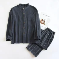 2026 Japanese style new couple sleepwear set 100% cotton crepe fabric long sleeved long pants two-piece home wear pajama - Image 5
