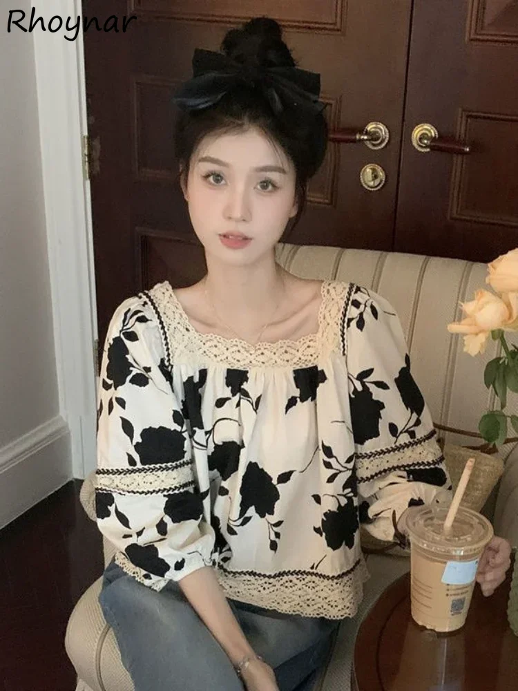 

Lace Blouses Women Square Collar Printing Vintage Korean Style Loose Fashion Ulzzang Ladies Temperament Casual Simple All-match