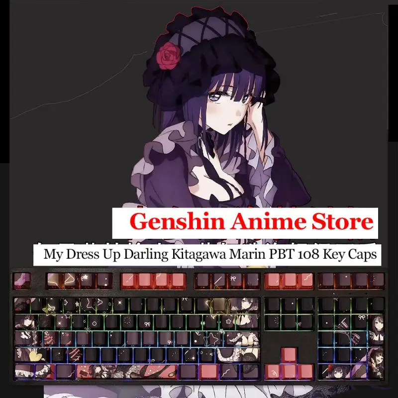 My Dress Up Darling Kitagawa Marin PBT 108-Tastenkappen, Cosplay-Requisiten, Achsenseite, gravierte mechanische Tastenkappe, Gaming-Tischzubehör – Detail 1
