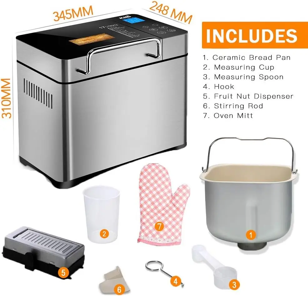 Stainless Steel Bread Machine, 2LB 17-in-1 Programmable XL Bread Maker with Fruit Nut Dispenser, Nonstick Ceramic Pan& D