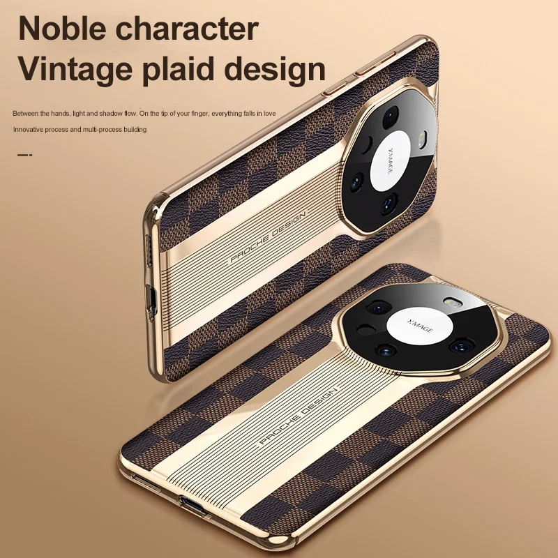 Luxury Checked Leather Phone Case For Huawei Mate 60 Pro 50 Pro 40 Pro 30 Pro Shockproof Protective Cover Lens Glass Film