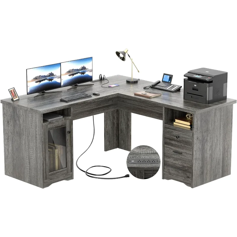 Unikito L Shaped Desk with Drawers, 60 Inch Corner Computer Desks with USB Charging Port and Power Outlet, Large 2 Person Home charging port dock connector flex cable replacement for xiaomi redmi note 2