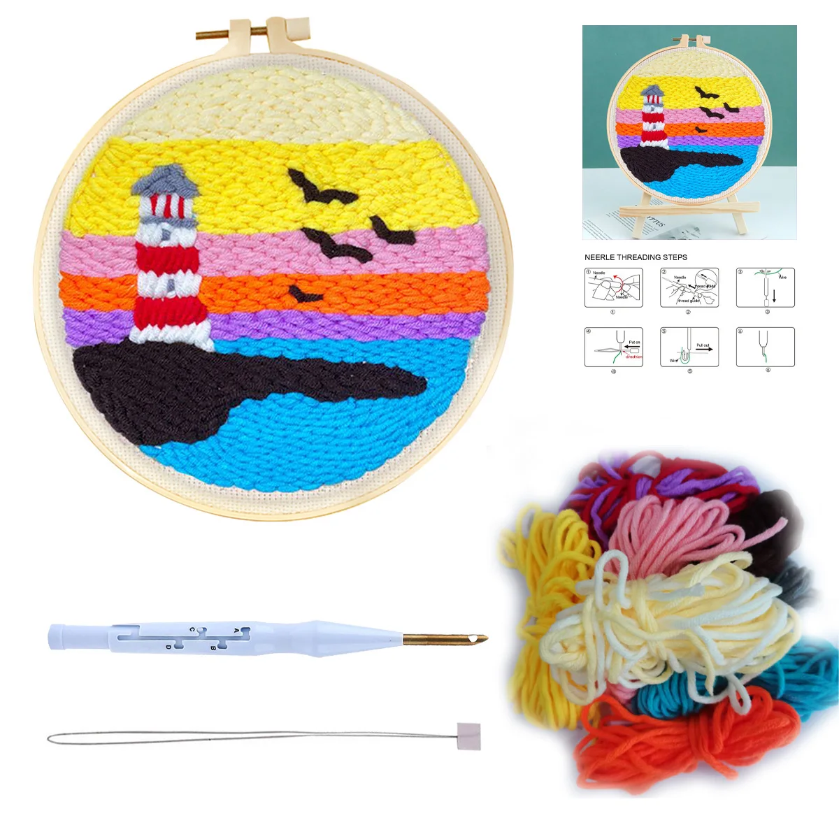 DIY Punch Needle Kit Mountain Scenery Pattern Embroidery Kit Lighthouse  Poking Cross Stitch Knitting For Beginner Home Deocor - AliExpress