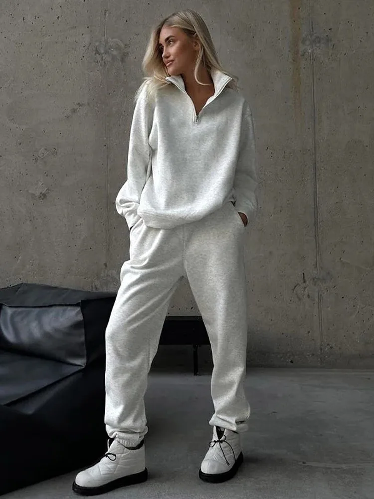 Women's Sports Suit with Zipper, Patchwork, Full Sleeves, Elastic Waist, Female Pants, 2 Piece Sets, Clothing for Ladies
