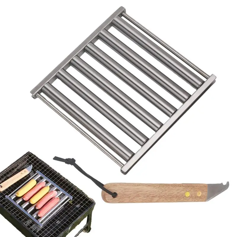 

Heat Resistant BBQ Sausage Roller With Wood Handle Sturdy Stainless Steel Hot Dog Roller BBQ Griller Hot Dog Cooking Tools