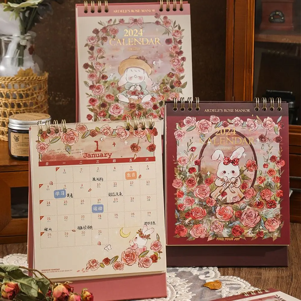 

Rose Dragon Year Desk Calendar Cute Cartoon Rabbit Standing Calendar Retro Flower 2024 Dragon Year Delicate Calendar