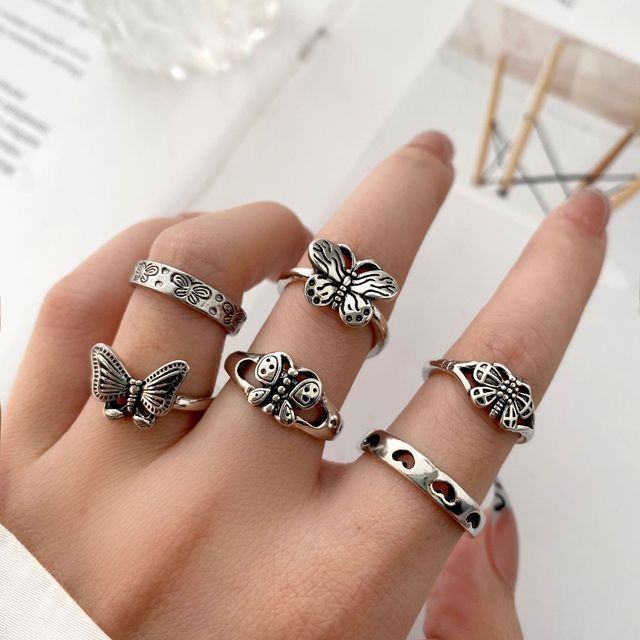 Punk Gothic Butterfly Snake Chain Ring Set for Women Black Dice Vintage Silver Plated Retro Rhinestone Charm Charm Jewelry
