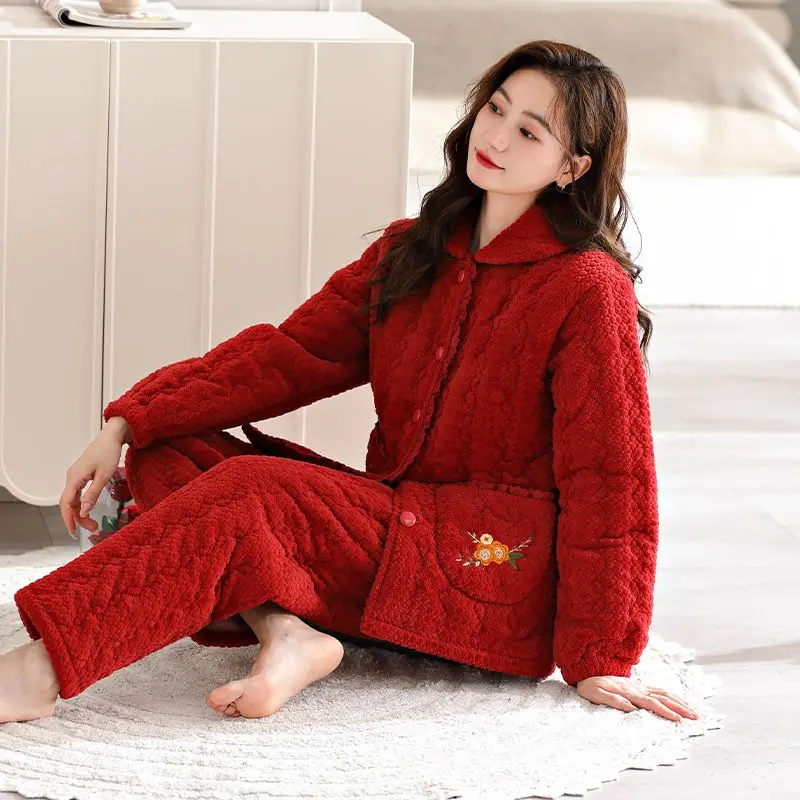 2024 Coral Velvet Three-layer Sandwich Cotton Pajamas Women's Winter Thickened Loungewear Warm Double-sided Velvet Homewear Set