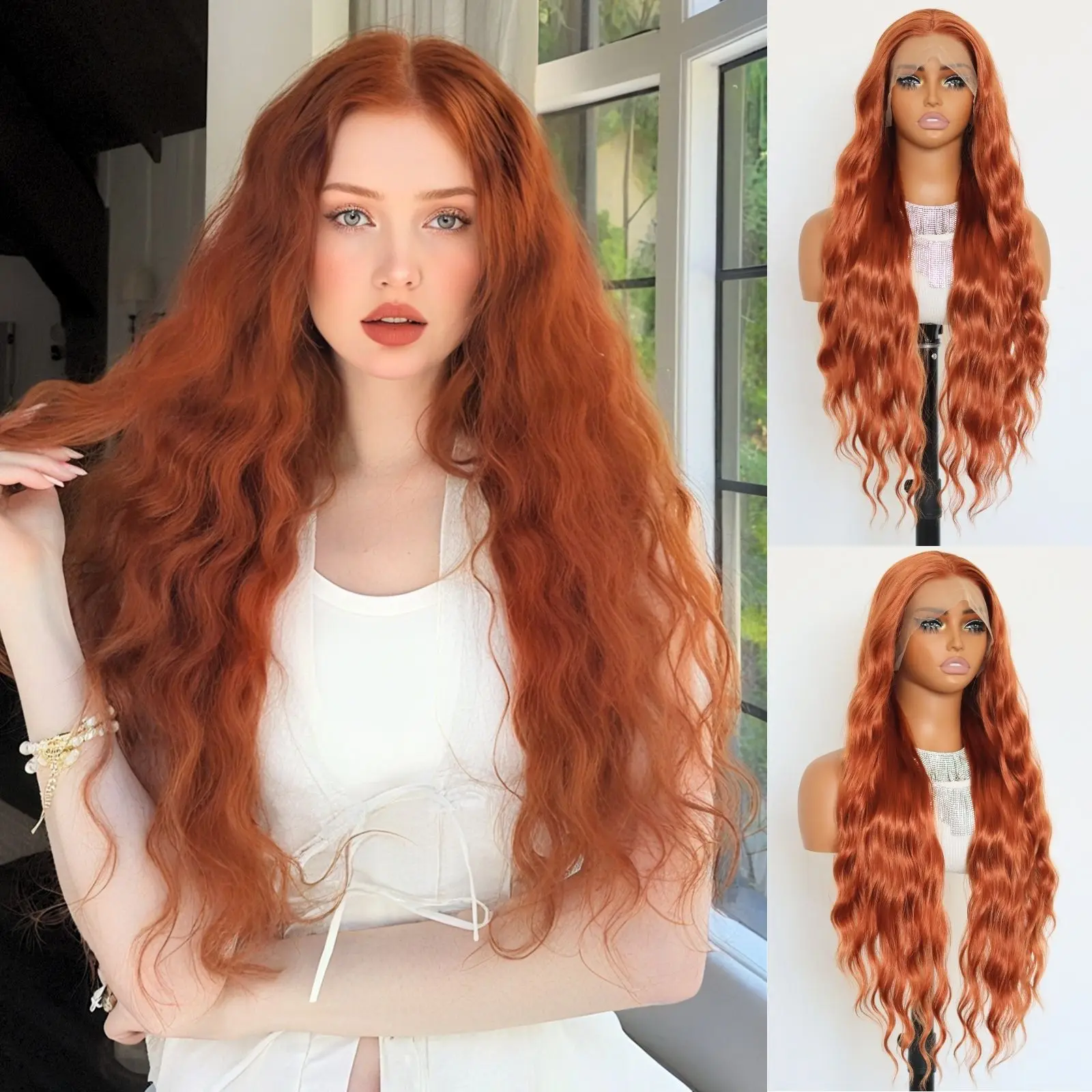 Long Ginger Wavy 13×4 Lace Front Synthetic Wig For Women Orange Heat Resistant Fiber Wig For Daily Party Use (32Inch)