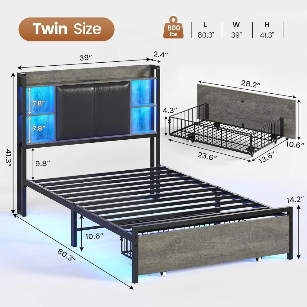 Twin Bed Frames with Headboard and 2 Storage Drawers, Twin Bed Frame with Charging Station and Led Lights,No Box Spring Needed 2