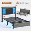 Twin Bed Frames with Headboard and 2 Storage Drawers, Twin Bed Frame with Charging Station and Led Lights,No Box Spring Needed 2