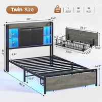 Twin Bed Frames with Headboard and 2 Storage Drawers, Twin Bed Frame with Charging Station and Led Lights,No Box Spring Needed 2