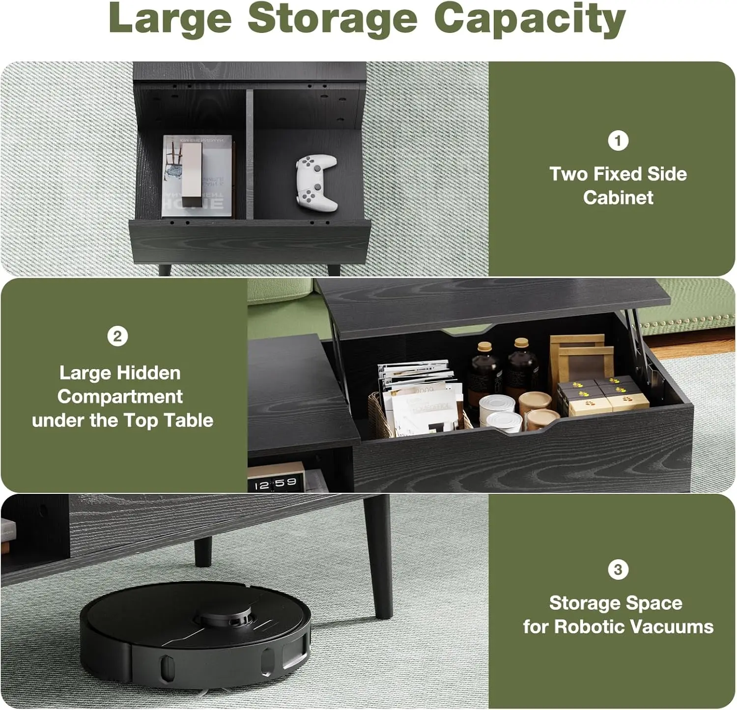 Wood Lift Top Coffee Table with Hidden Compartment and Large Storage Shelf, Café Tables 5