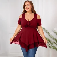 Plus Size Women's Elegant Solid Lace V-Neck Cold Shoulder Sleeve Tunic Tops Summer Ladies Casual Blouse T Shirts Tee 1XL-5XL