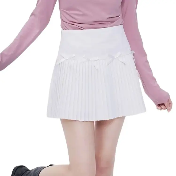 Mini Skirt Velvet Bow Solid Color High Waist Sweet Versatile Elegant A-Line Pleated Skirt 2024 New Style For Women