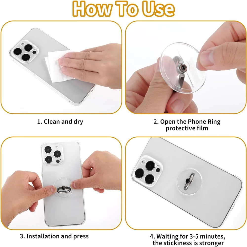 Shining Diamond Cell Phone Ring Holder Stand Universal Transparent Phone Ring Buckle Desktop Bracket 360°Degree Rotation