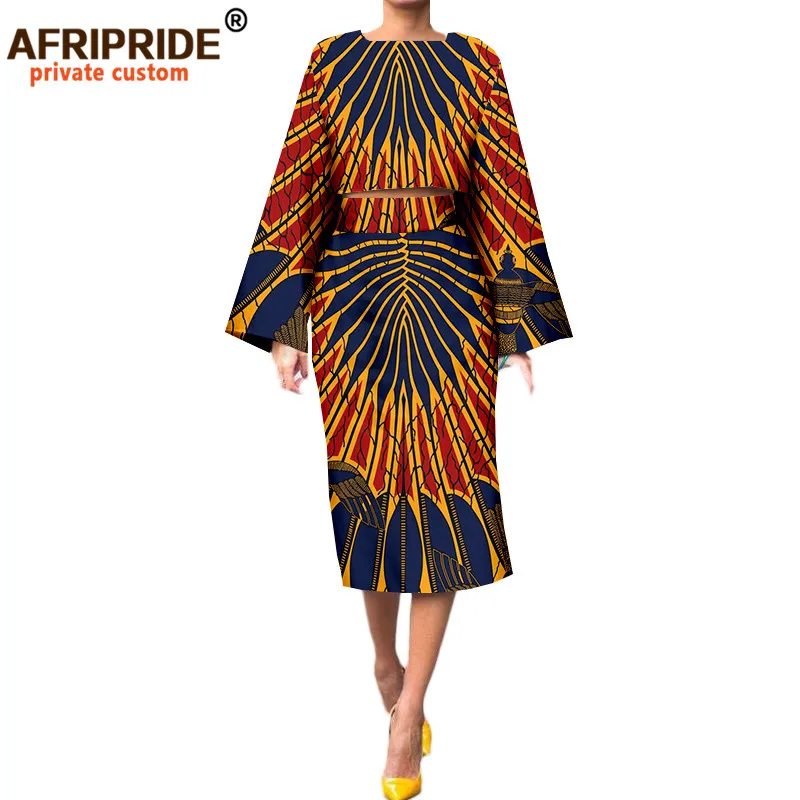 African 2 Piece Set for Women Suit Long Wide Sleeves Short Top+mid-calf Length Pencil Skirt Plus Size Wax Cotton A722630