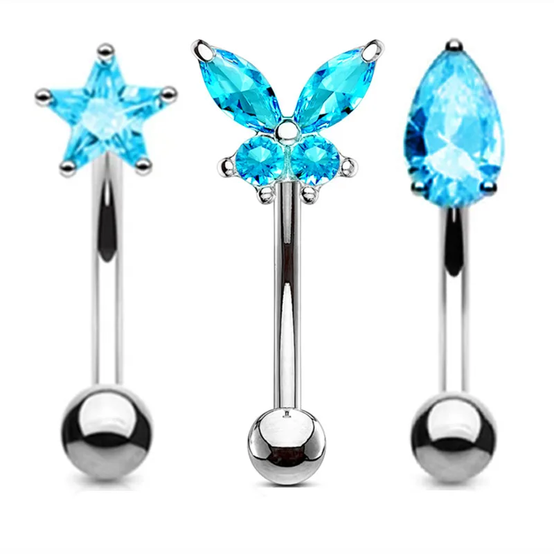 Elegant Heart Crystal Curved Barbell & CZ Star Eyebrow Ring Set - 3-Piece Collection