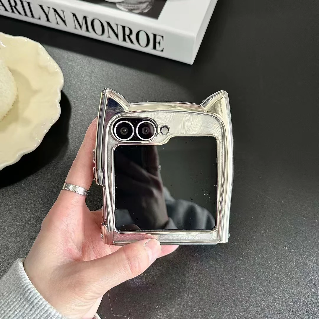 Samsung Galaxy Z Flip 3 4 5 6 Cute kaķa ausu spalvu sirds spoguļa turētāja statīvs mirdzošs tālruņa korpusa vāciņš_voghion.com