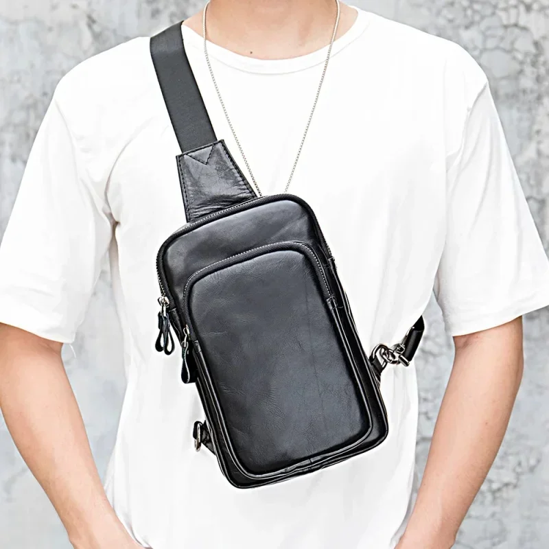 Genuine Leather Black Sling Bag for Men