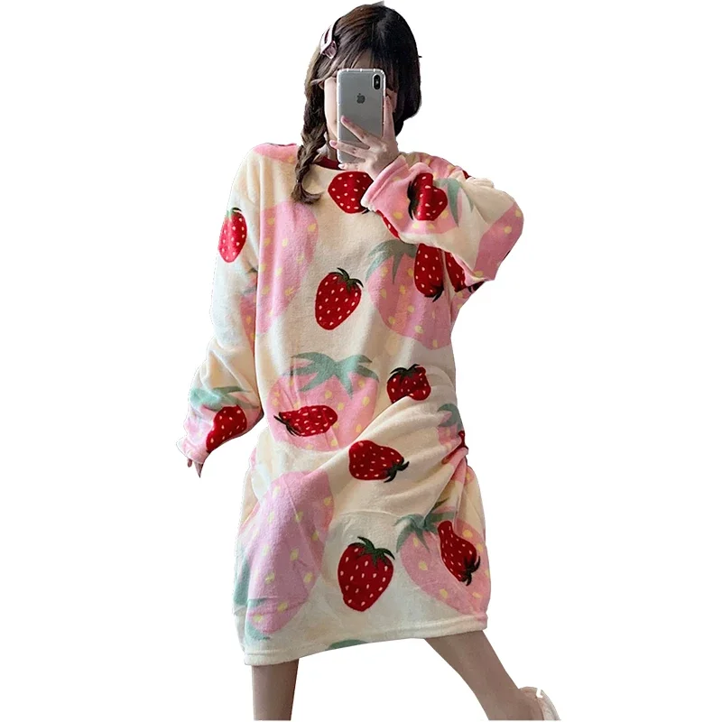 Winter Long Sleeve Print Thick Warm Flannel Nightgowns For Women Long Dress Coral Velvet Sleepwear Nightdress Night Dress Nighty