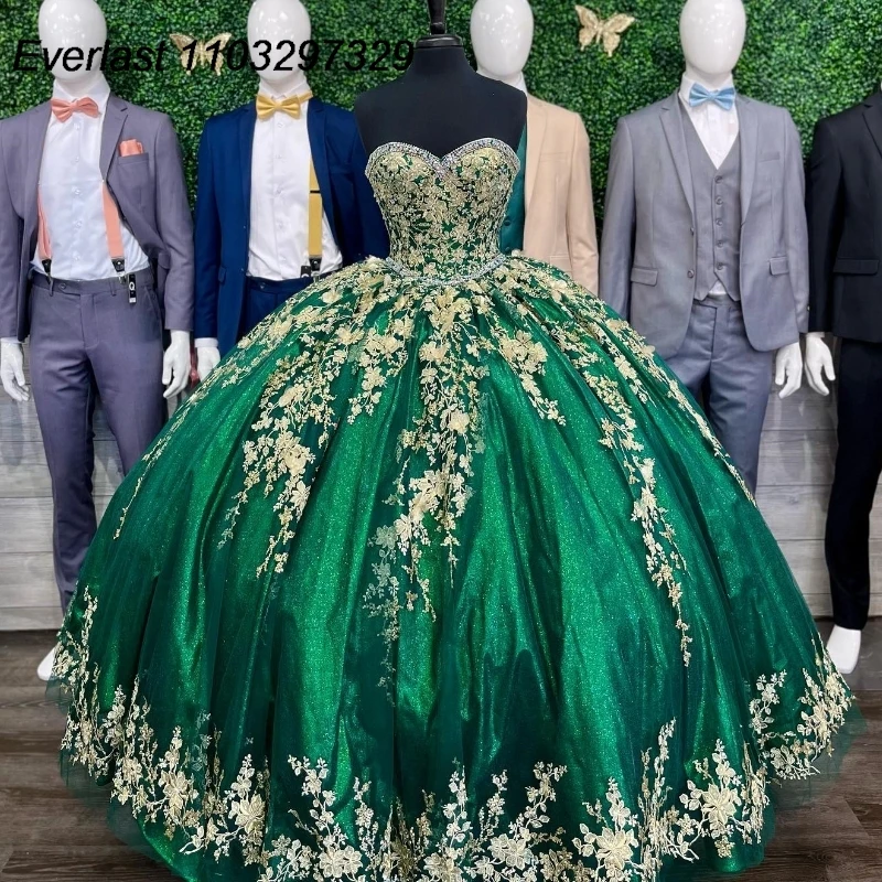 

EVLAST Shiny Green Quinceanera Dress 2024 Ball Gown Gold Lace Applique Beading Mexico Corset Sweet 16 Vestido De 15 Anos TQD378