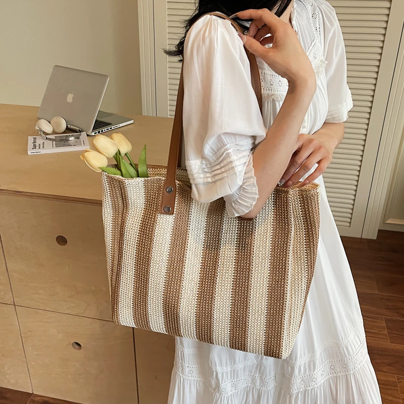 borsa luxury donna borsa donna borsa mare donna MOODS Borse tote grandi a righe per donna Borse a tracolla shopper di grande capacità con design intrecciato in tessuto di paglia Borse da spiaggia estive 2025 - immagine 4