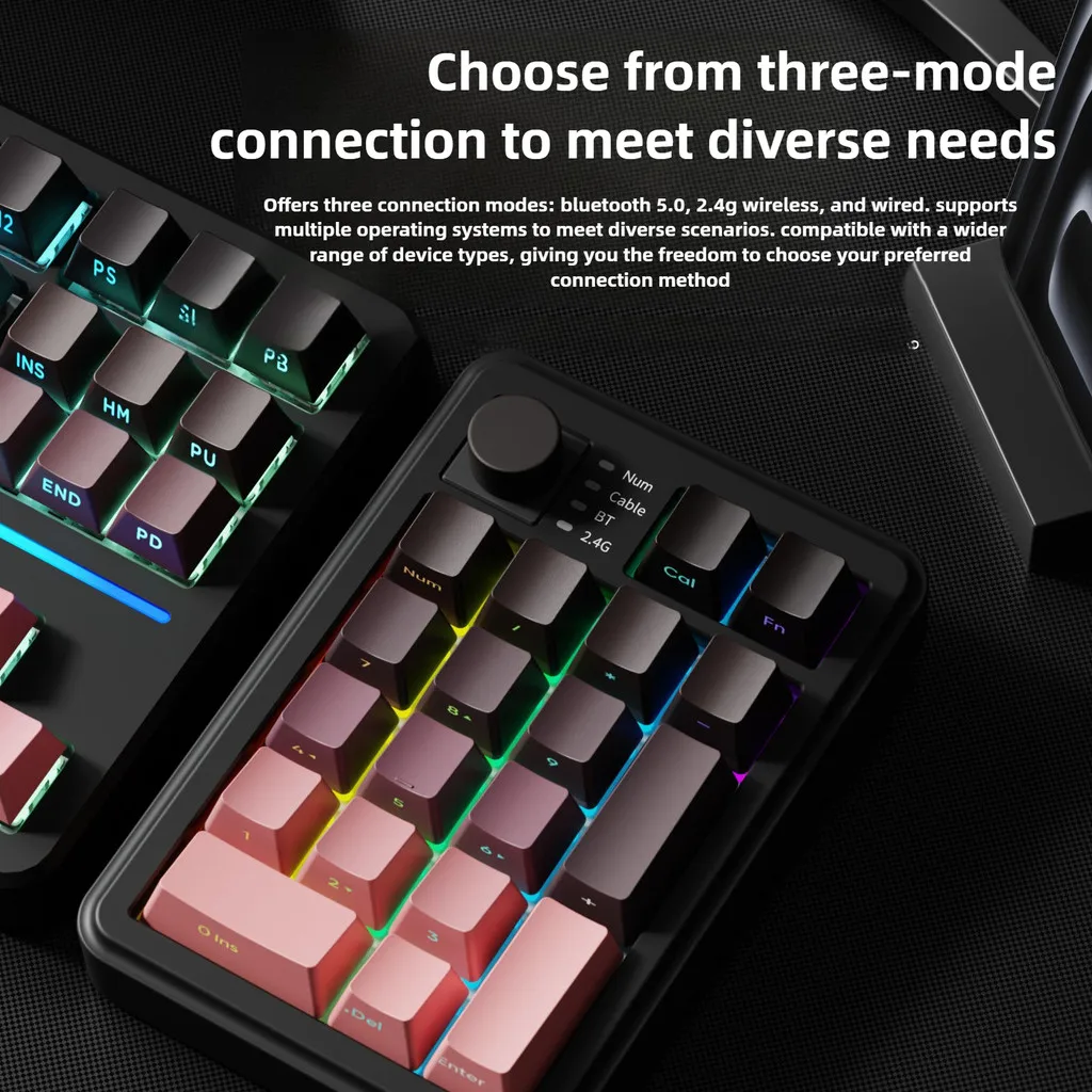 NK20 숫자 키패드 2.4G/블루투스/유선 3모드 RGB 가스켓 노브 포함 핫 스와핑 가능 사무용 데스크탑 컴퓨터 범용