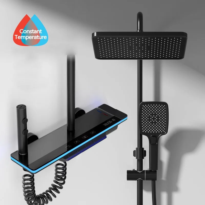 ห้องน้ําหรูหราระบบฝักบัวพร้อมไฟกระจกนิรภัยคีย์เปียโนสมาร์ทดิจิตอลจอแสดงผลเทอร์โมผสมก๊อกน้ําอาบน้ําชุดเต็ม 1