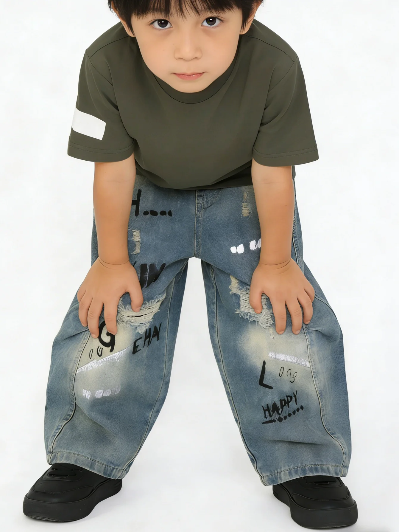 소년 빈티지 워싱 데미지 진 키즈 그래피티 프린트 와이드 레그 데님 팬츠 아동용 엘라스틱 허리 스트리트웨어 바지 2026 신상