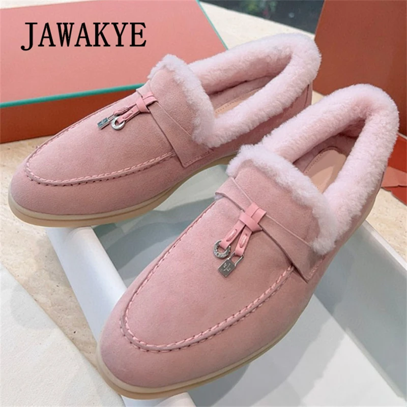 

Hot Sale Round Toe Kid Suede Wool Flat Shoes For Lovers Metal Lock Fur Loafers Women Winter Boots Casual Neutral Couple Shoes