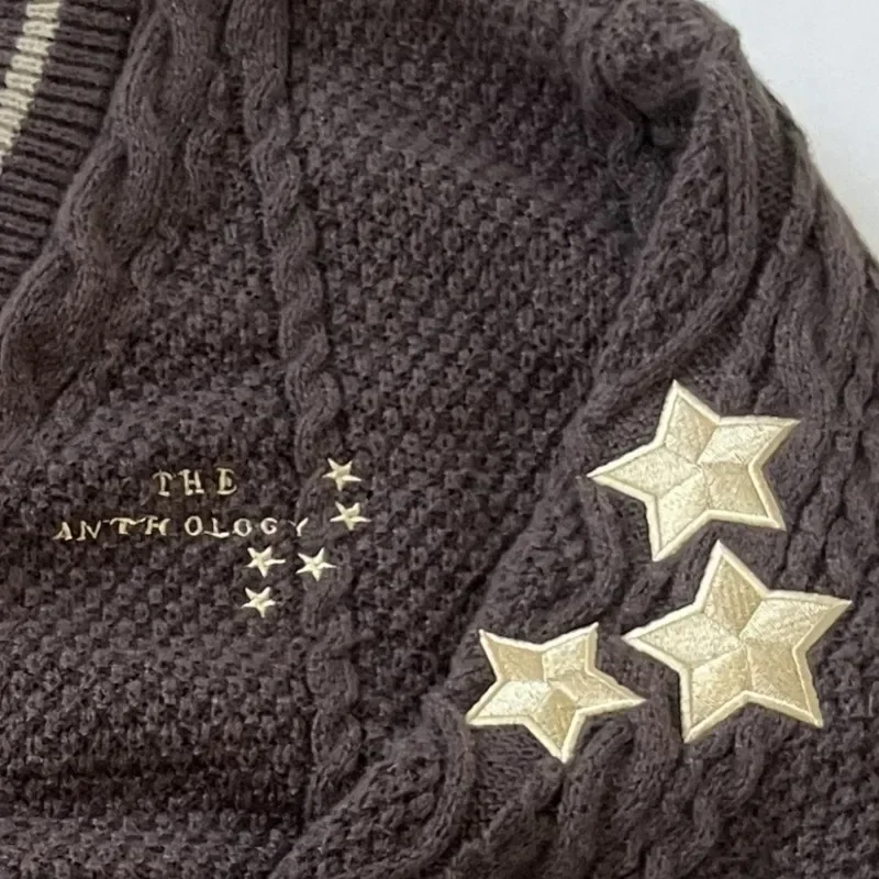 Stars Embroidery Cardigan WomenDark Brown V-neck Knitted Cardigans Female Autumn Winter Long Sleeve Sweaters Vintage Soft Tops 3