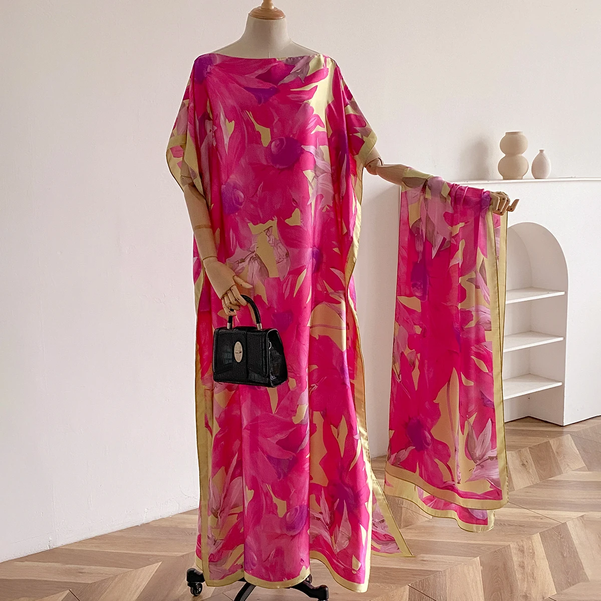 2025 Fashion Summer Dress With Big Scarf Dubai Turkey Kaftan Muslim Loose  Abaya Women African Casual Maxi Peacock Shawl Robe