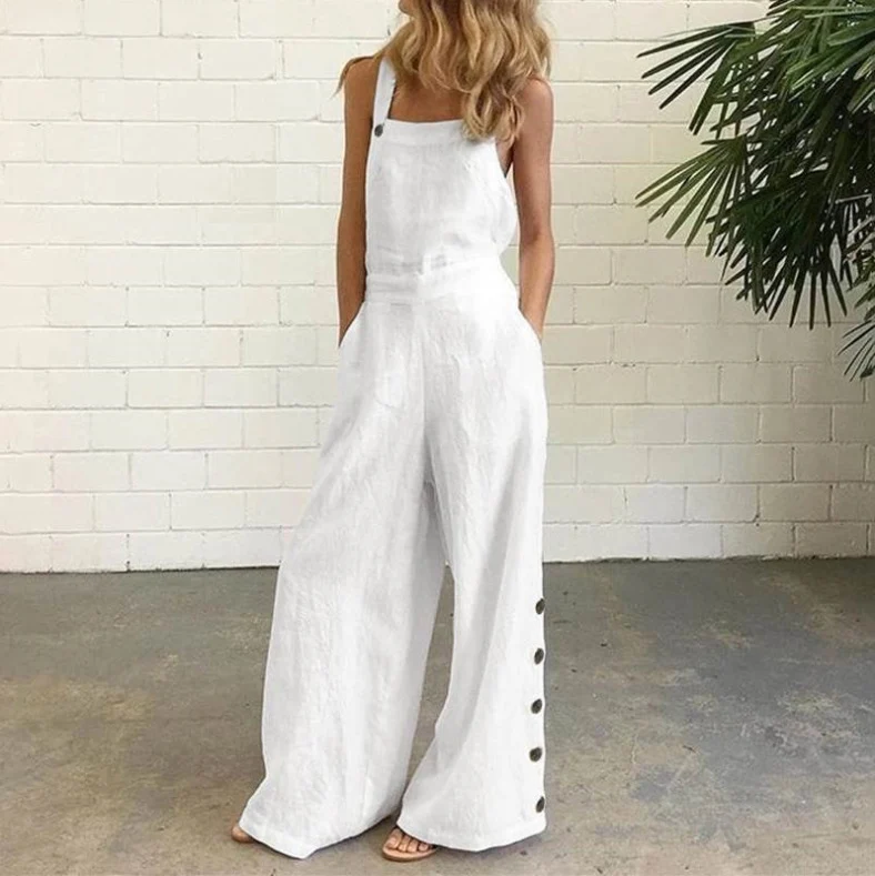 

AYUALIN Vintage Side Button Sleeveless Backless Loose Overalls Summer Boho Jumpsuit Casual Cotton Solid Wide Leg Jumpsuits Women