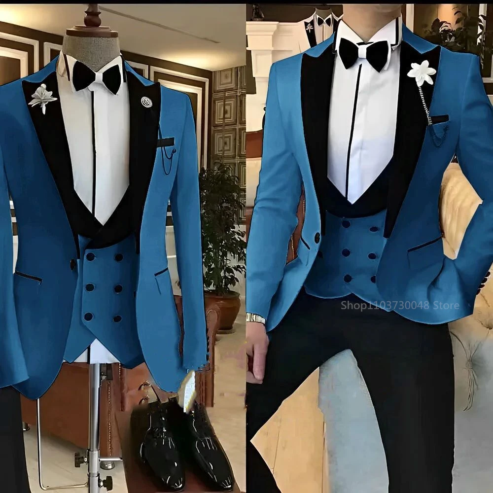 Solid Men's 3 Pieces Suit One Button Peak Lapel Jacket Vest Trousers Dinner Wedding Groom Tuxedos Slim Fit Formal Business Suits
