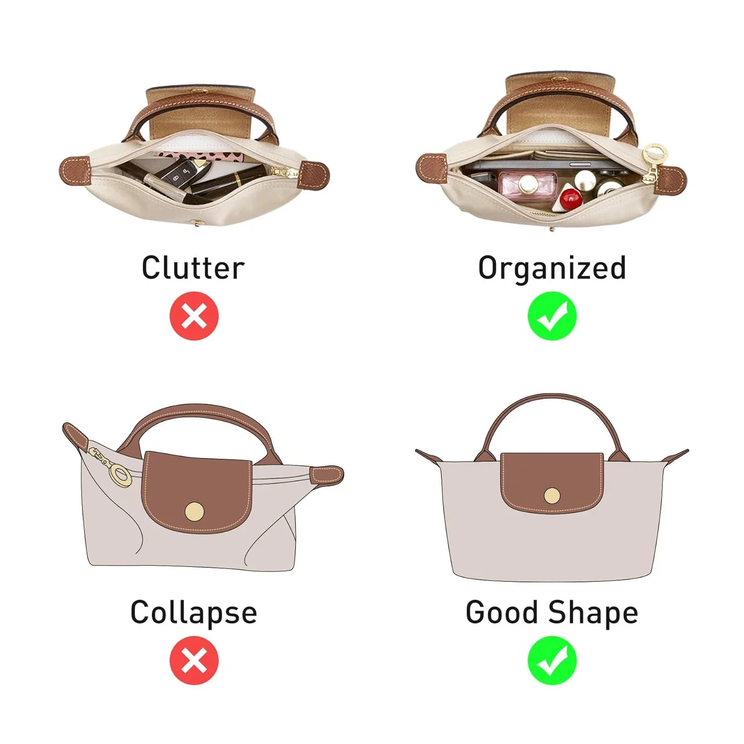 Bag Organizer for Longchamp Small Tote Bag Timid Bag Storage & Finishing Inner Bag Liner Handbags Insert Organizer Fit Mini Size