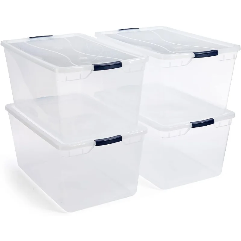 

Cleverstore 95 кварт прозрачные штабелируемые большие пластиковые контейнеры для хранения с крышками для офиса и домашней организации, прозрачные (4 упаковки)