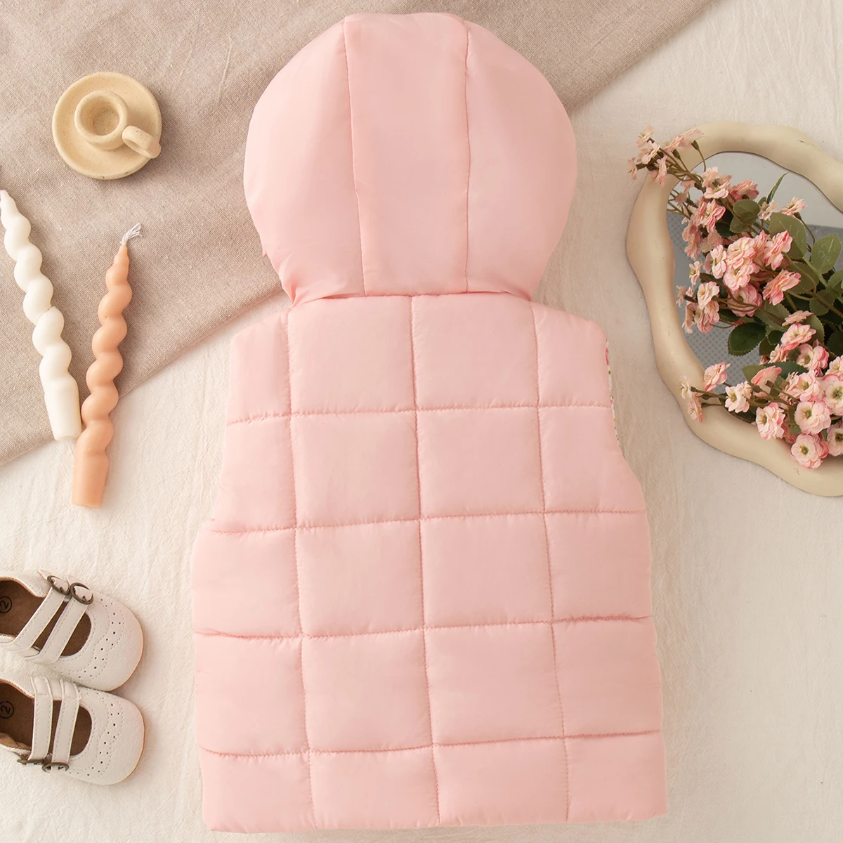 Children's Clothing Winter Cute Hooded Warm Children's Vest Outerwear Floral Solid Color Girl's Jacket Tops
