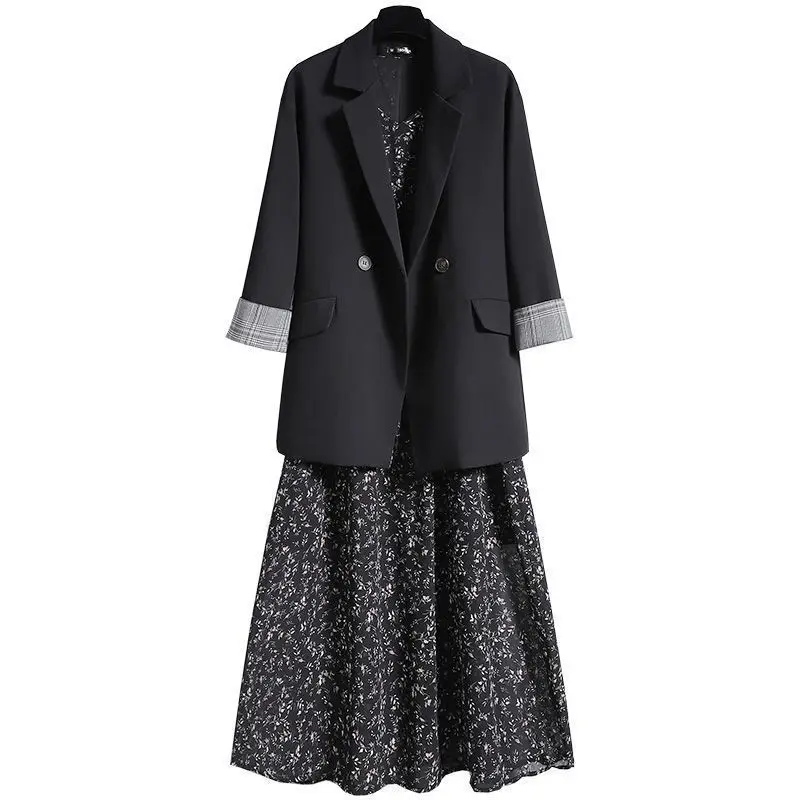 Large Size Girl Floral Dress Paired with a Small Suit Set for Spring and Autumn 2024 New Temperament Chubby Sister