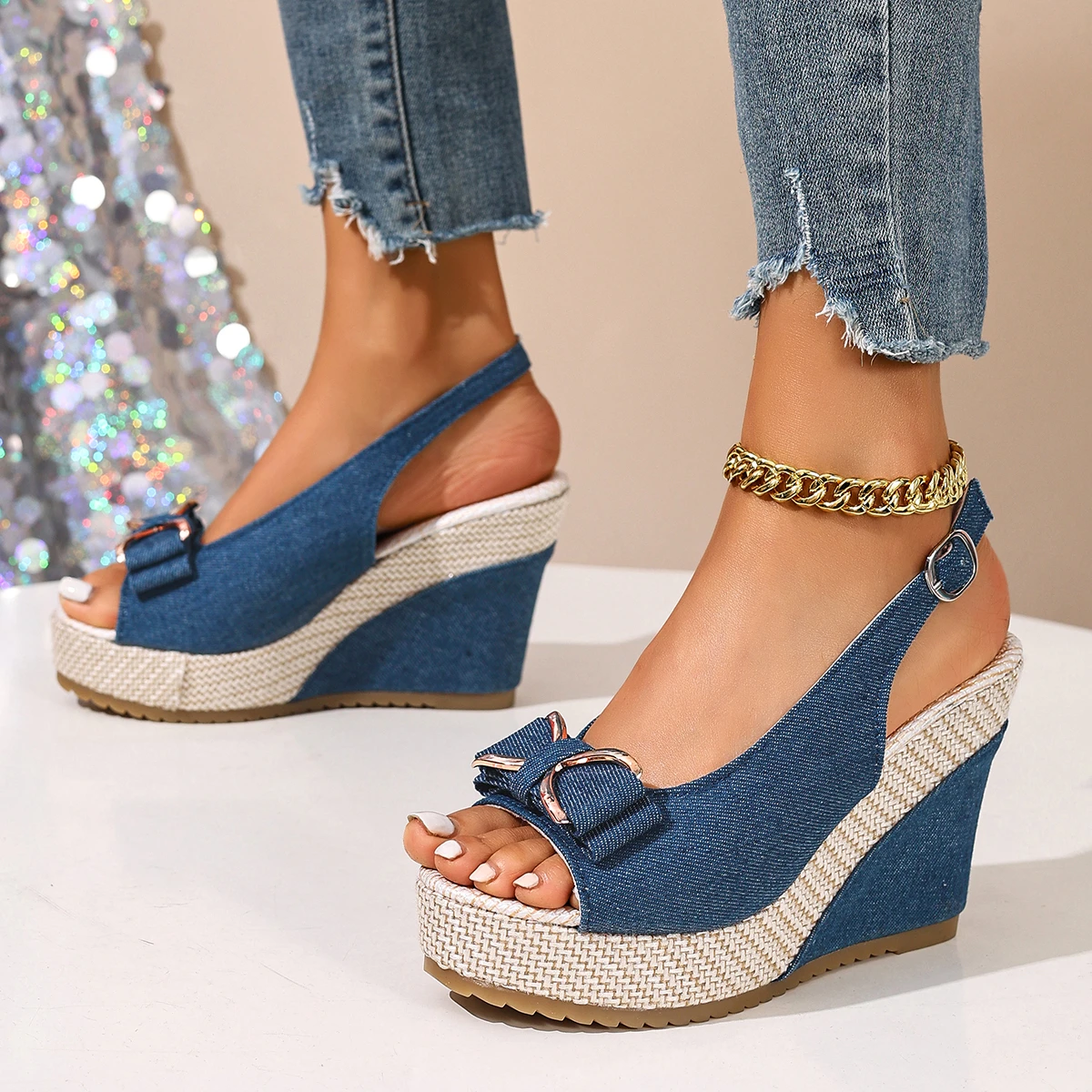 Comfortable Retro Women's Leather Wedge Platform Sandals Black_voghion.com
