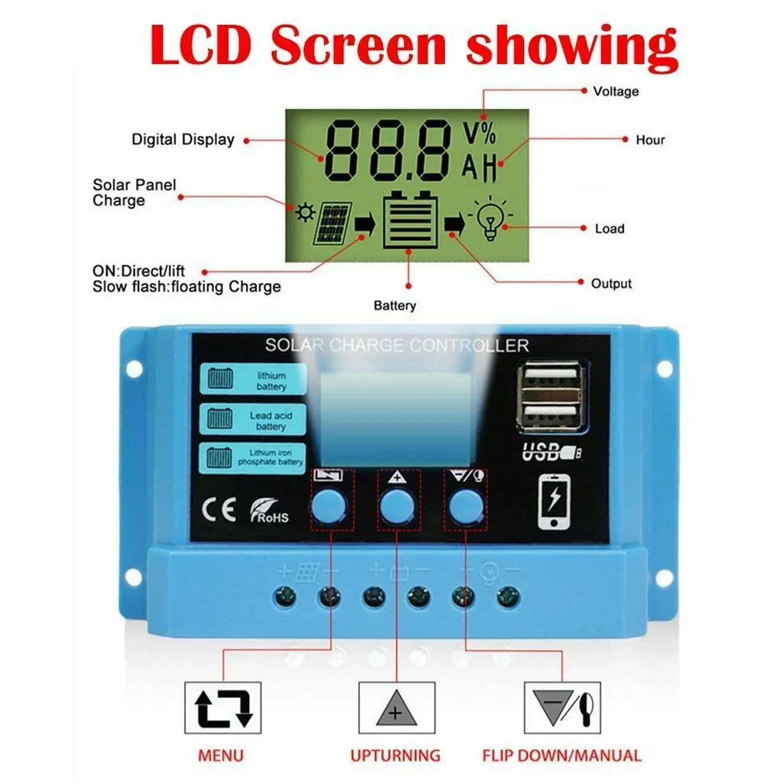 10A 20A 30A Blue PWM Solar Charger Controller 12V 24V Panel Charger Regulator Lifepo4 Lithium Battery 500W Battery Charger Solar Panel Voltage Controller