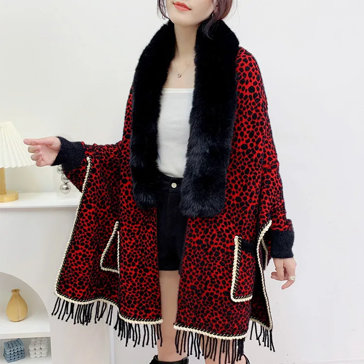 Autumn Winter New Imitation Wool Collar Knitted Shawl Women Leopard Print Tassels Long Sleeve Poncho Lady Capes Red Cloaks