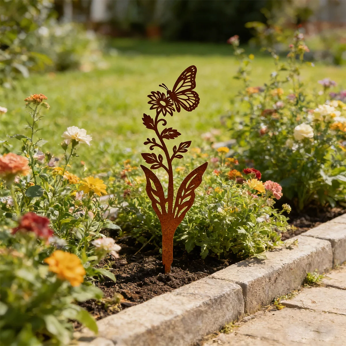 1 Stück Gartendekoration aus Schmiedeeisen, Blumen- und Schmetterlingsdesign, Vintage-Stil, einfach zu installieren, geeignet zum Platzieren in Rasenflächen, Gartenbeeten oder Pflanzgefäßen als Dekoration.