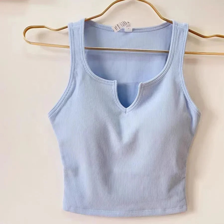 

Lulu Sports Bra Crop Top Women Fitness Vest Gym Semi-fixed Cup Workout Top V-neck Running Vest Ribbed Gym Top Jogger Yoga Vest