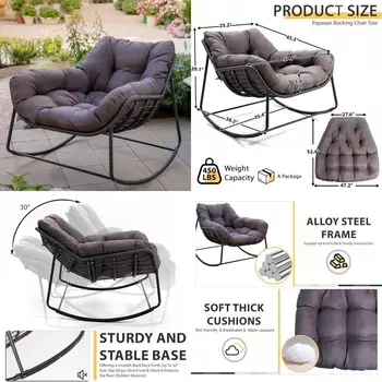 "yechen wicker papasan rocking chair with cushion, cozy indoor outdoor reading chair, oversized patio egg chair"