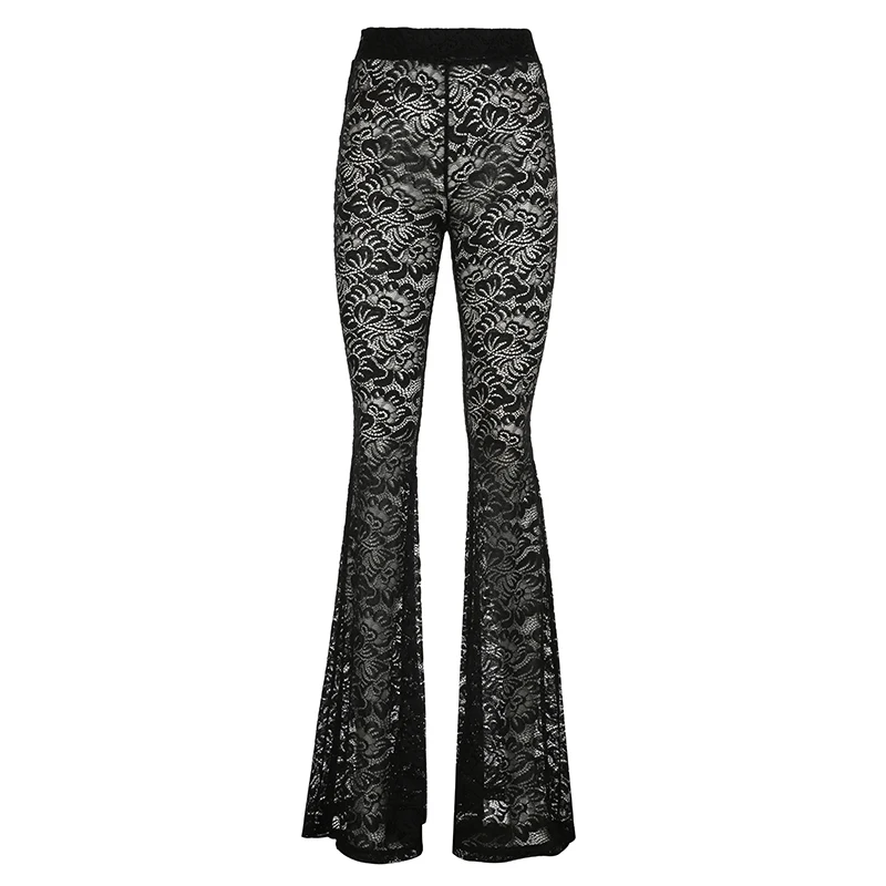 Darlingaga Fashion Black Skinny Lace Trousers Full Length Solid Transparent Sexy Party Thin Flared Pants Vintage Elegant Bottoms 5