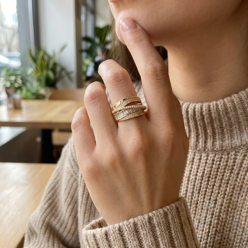 Klassischer goldfarbener Ring mit breiter Öffnung für Damen, luxuriöser, heller Zirkonia-Ring, verstellbarer Fingerring, Verlobungs- und Hochzeitsschmuck, Geschenk – Detail 1