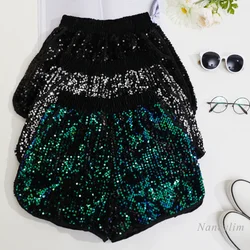 Brilhante completa lantejoulas shorts das mulheres perna larga curto moda na moda cintura elástica estudante roupas de moda feminina 2022